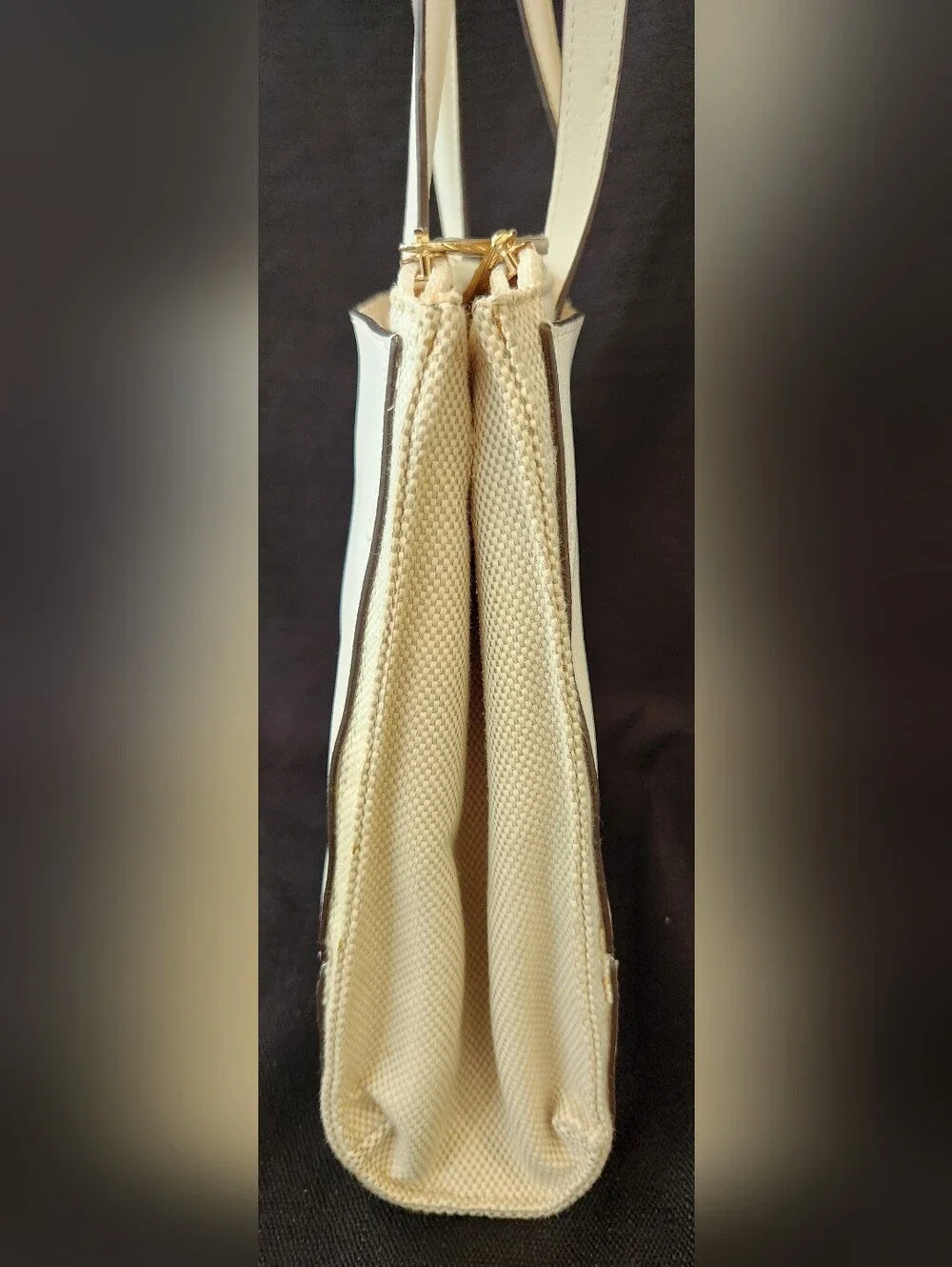 Antonio Melani White Leather Canvas Tote Bag Shoulder Purse Multi Pocket